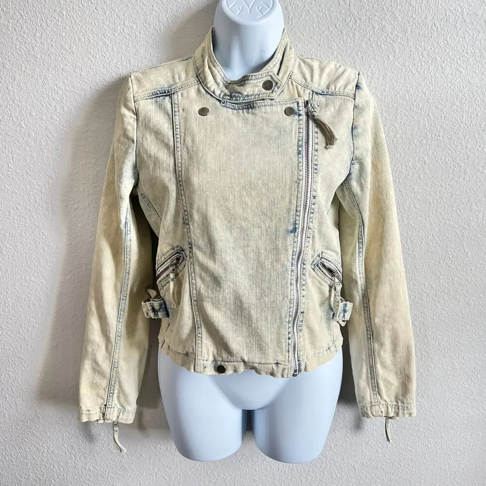 IRO Moto Bleached Acid Wash Denim Jacket Women's XS Pockets Jean Stretch